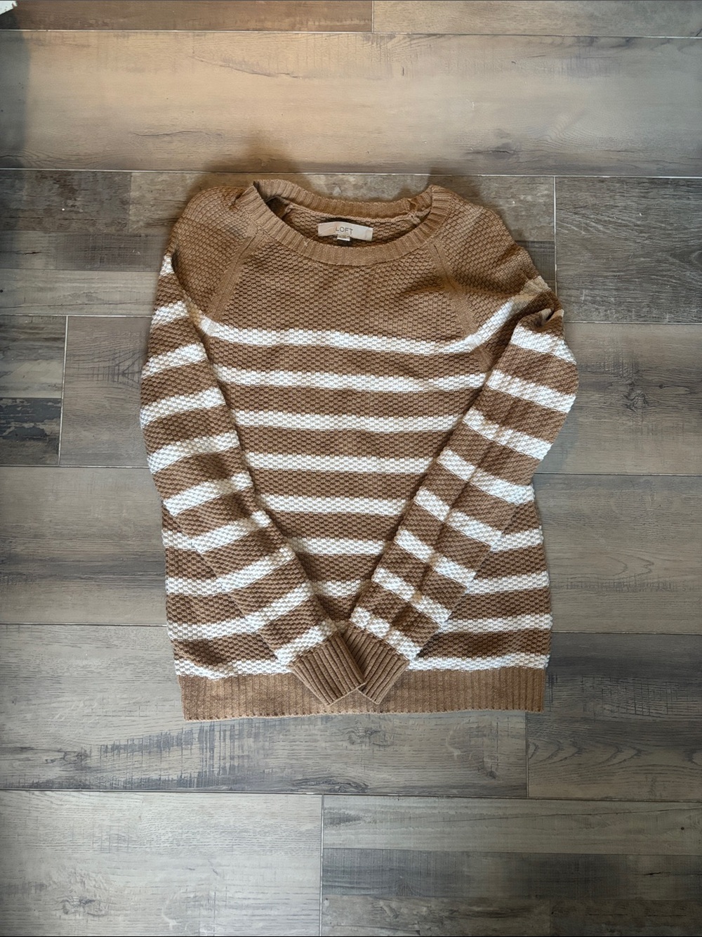 LOFT Camel and White Striped Crewneck Sweater